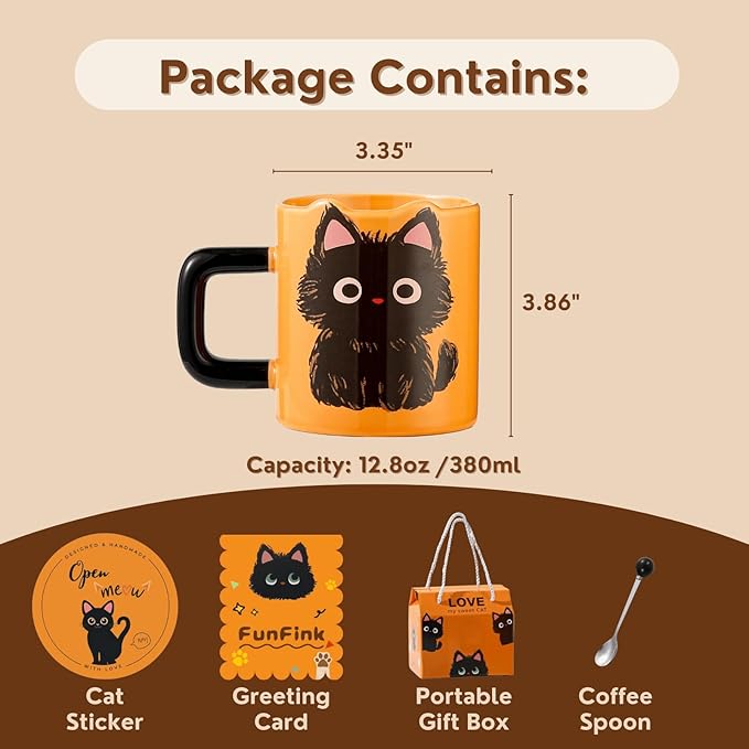 Cute Ceramic Cat Mug with Spoon, 12.8 oz - Kawaii Black Cat Themed Gift for Cat Lovers, Women and Men - Perfect for Coffee, Tea, Milk, and More (Microwave Safe)