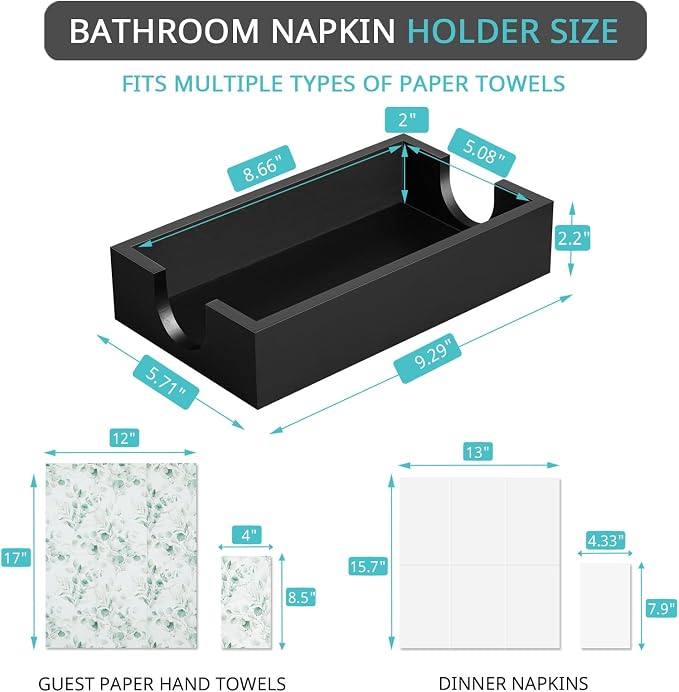 Napkin Holder for Bathroom, Wooden Guest Towel Holder Tray for Bathroom, Disposable Paper Hand Towel Holder for Bathroom Accessories, Dinner Napkin Holder for Kitchen Table Party, Black