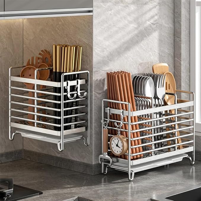 Stainless Steel Wall Mounted Utensil Holder and Countertop Drying Rack with Drain Tray for Kitchen Forks Spoons Chopsticks Silver 3 Compartments(2 Compartments)