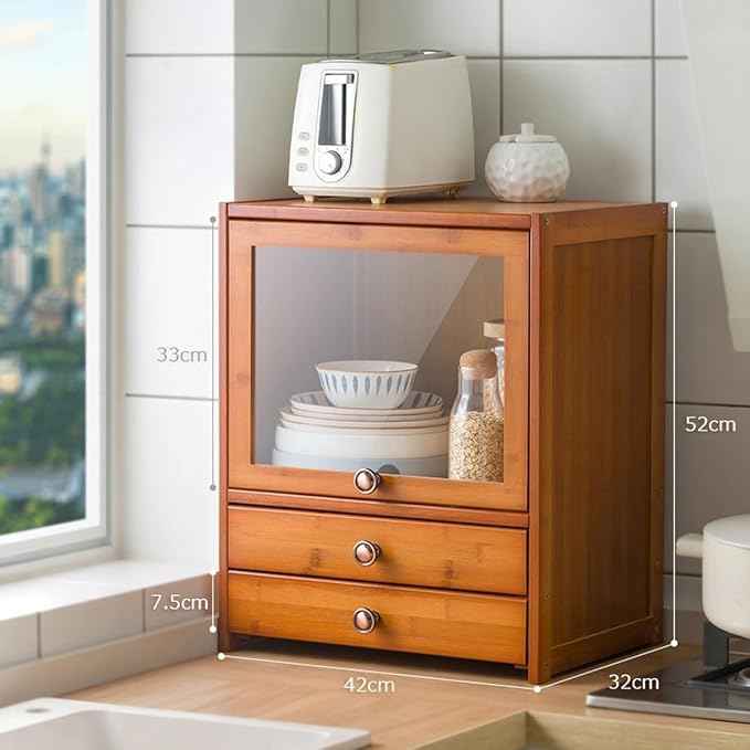Bamboo Storage Cabinet with Drawers for Kitchen Countertop, Freestanding Pantry Clear Acrylic Flip-Up Door Organizer(42cm)