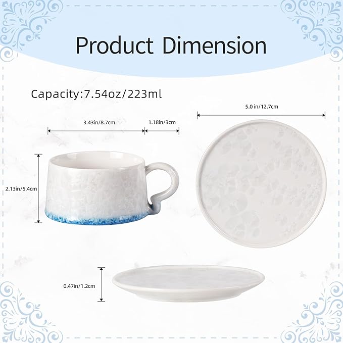 KAMMAK Tea Cups and Saucers Set of 2, Porcelain Coffee Cups, 7.5oz Crystalline Glaze Espresso Mugs, Ceramic Demitasse for Coffee, Cappuccino, Latte, Americano, Tea (Light green + Light blue)