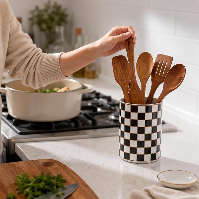 Checkered Kitchen Utensil Holder,Black And White Ceramic Cooking Utensil Holder Modern Utensil Crocks for Kitchen Counter,Housewarming Gift, Farmhouse Kitchen Decor and Accessories (Black)