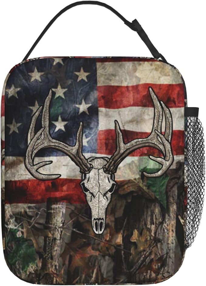 Gianlaima Camo Camouflage American Flag Skull Deer Insulated Lunch Box For Women Man, Portable Lunch Bag Reusable Cooler Tote For Office Work Travel Picnic Camping Beach
