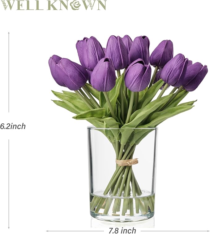 WELL KNOWN 20 Pcs Tulips Artificial Flowers in Vase, Real Touch Fake Purple Tulips Flowers with Glass Vase & Fake Water, Flower Arrangement Centerpiece for Wedding Party Dining Table Home Decor & Gift