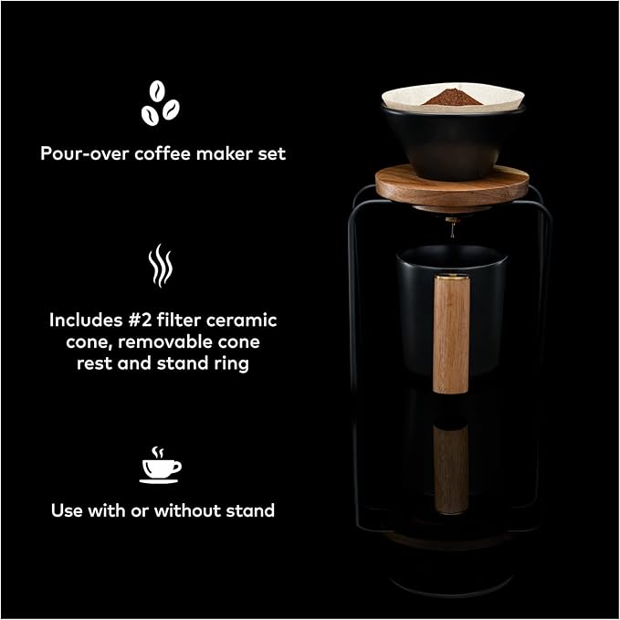ChefWave Artisan Series Pour-Over Coffee Maker Set with Ceramic Cone, Wood Ring and Stainless Steel Stand, 1-2 Cup Personal Size - Bamboo Accents, Easy to Clean, BPA Free