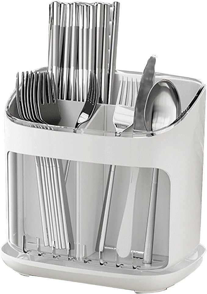 Yosoo Kitchen Utensil Holder, Countertop Organizer with Dedicated Compartments for Chopsticks Forks Spoons, Drainage Groove and Removable Drip Tray, Compact Storage Box for Contem (White Transparent)