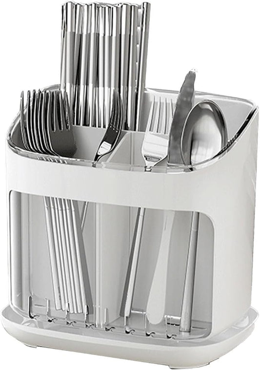 Yosoo Kitchen Utensil Holder, Countertop Organizer with Dedicated Compartments for Chopsticks Forks Spoons, Drainage Groove and Removable Drip Tray, Compact Storage Box for Contem (White Transparent)
