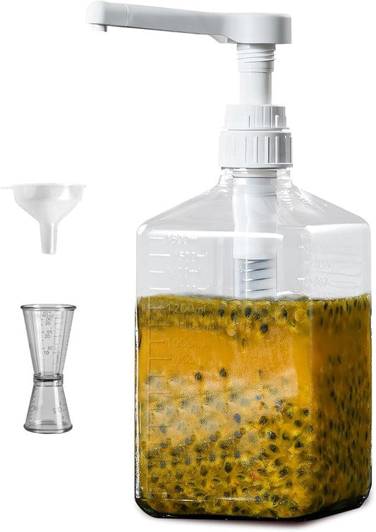 Large Capacity Syrup Dispenser for Coffee Bar, Pump Dispenser 54oz 1600ml PET Syrup Bottle w Measuring Cup and Funnel, Dispenser Bottle w Upgraded Pump (10cc Thicker PET)