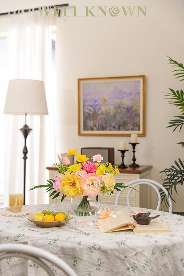 WELL KNOWN Artificial Flowers Centerpieces in Glass Vase with Fake Water, Yellow & Hot Pink Silk Rose Peony & Fake Tulips Bouquet for Birthday Party Wedding Dining Table Office Decor & Mom's Gift