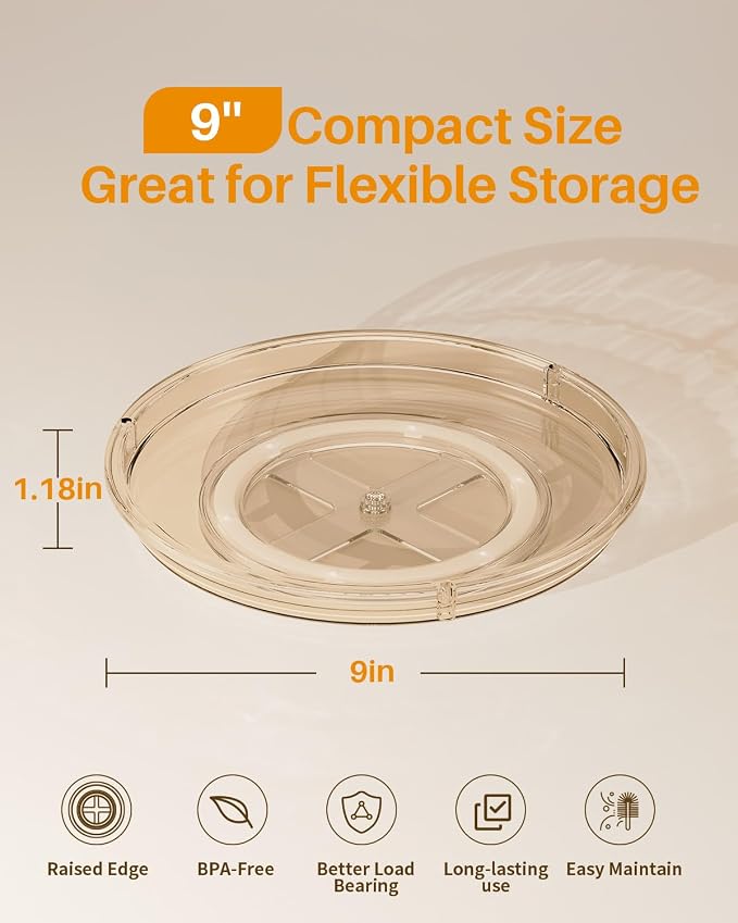 LAMU 2 Pack Lazy Susan Organizer 9 inch Lazy Susan Turntable for Cabinet, Rotating Spice Organization for Cabinet, Kitchen, Table Top, Countertop, Pantry Fridge Organizers and Storage, Amber