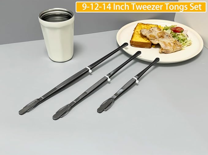 JETKONG 3 Pcs Extra Long Kitchen Tweezers 9 12 14 Inch Heavy Duty Stainless Steel Cooking Tweezers (Round Tips, Black)