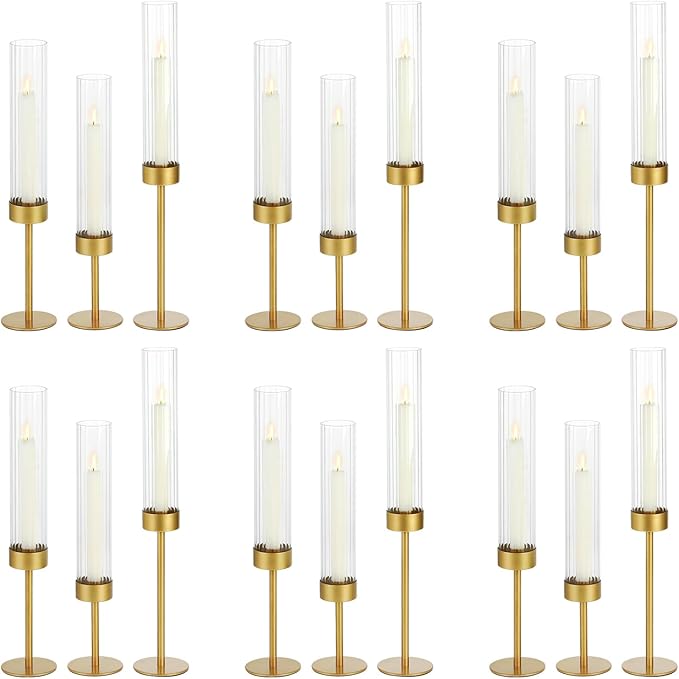 Glass Hurricane Candle Holders Set of 18-Gold Metal Base Taper Candle Stick Holders for CandlesticksHolder Decor, Elegant Dining Table Centerpiece for Wedding, Christmas & Home Decor-Ribbed Glass