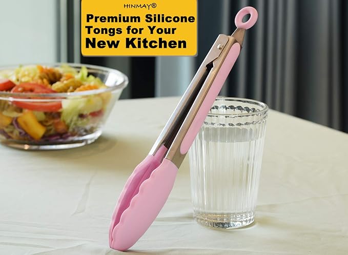 HINMAY Serving Tongs with Silicone Tips 9 Inches Stainless Steel Food Tongs, Set of 3 (Pink)