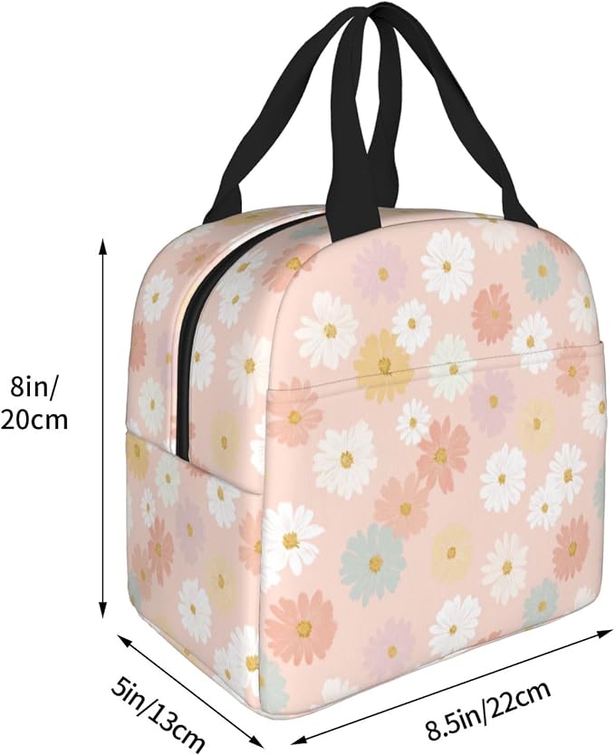 Insulated Lunch Bag Pastel Daisy Flower Pattern, Leakproof Lunch Tote for Work School, Reusable Lunch Box Cooler for Adults Students, Compact Lunch Bag for Office College Picnic