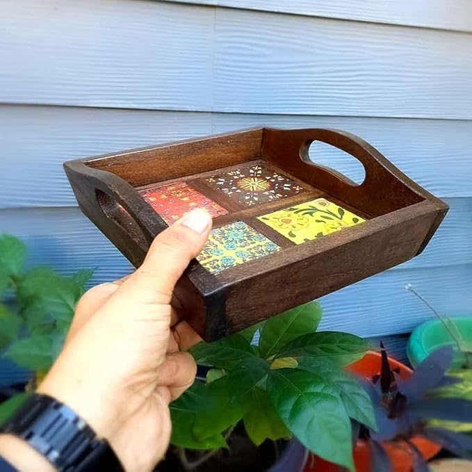 Erving Tray with Ceramic Tiles | Tea & Snacks Serving Platter Wooden | Square Tray with Handles - for Home, Dining Table, Kitchen Decor & Gifts - 9 Inch