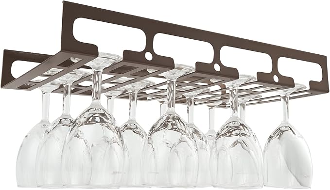 41cm/16in Modern Metal Wine Glass Holder - Under Cabinet Stemware Hanging Rack - Wine Glass Storage Organizer Rack, 4 Row (Color : Brown)