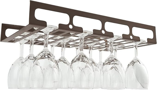 41cm/16in Modern Metal Wine Glass Holder - Under Cabinet Stemware Hanging Rack - Wine Glass Storage Organizer Rack, 4 Row (Color : Brown)
