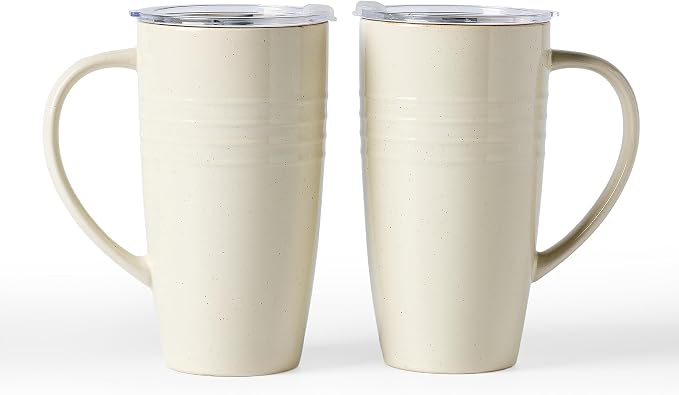 famiware Jupiter Large Coffee Mug, 20oz Coffee Mug with Lid, Ceramic Mugs Set of 2, Cup Set with Handle for Latte, Tea, Cocoa, Milk, Home & Office, Microwave and Dishwasher Safe, Vanilla White