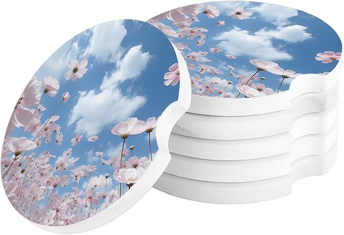 Small Car Coasters for Cup Holders 2.6" Dia Absorbent Coasters Set of 6 Car Interior Accessories for Women Men Ceramic Car Coaster for Drinks with Finger Grooves,Blue Sky Clouds Pink Flowers
