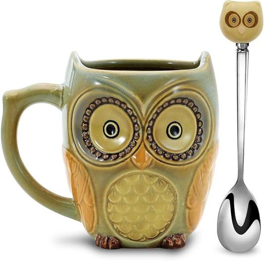SQOWL 3D Coffee Mug Funny Cute Owl Ceramic Cup Coffee Mug with spoon Tea Mugs Set for Women and girls 12 oz Cyan