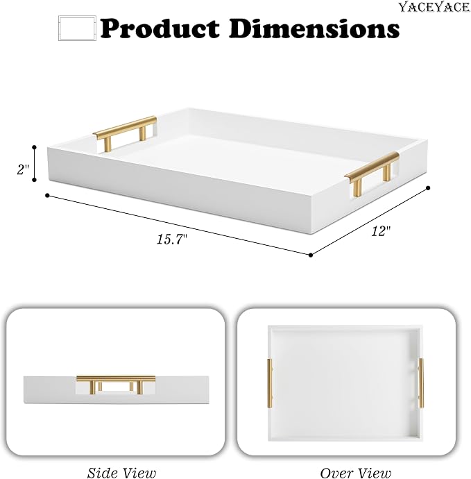 White Serving Tray with Metal Handles, 15.75" x 11.8" x 1.7" Wood Serving Tray for Ottoman Coffee Table, Kitchen Counter, Food, Bathroom