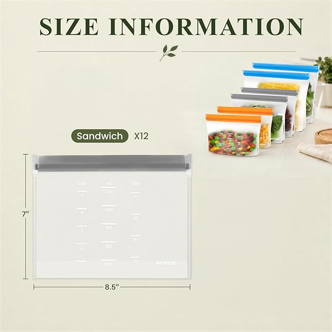Dishwasher Safe Reusable Storage Bags Stand Up - BPA Free Reusable Sandwich Bags - Leakproof Gallon Freezer Bags, Food Storage Bags - Gray 12 Sandwich Bags