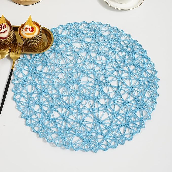 IcosaMro Sky Blue Round Placemats Set of 6 for Dining Table, 15 Inch Paper Woven Boho Decorative Circle Place Mat for Wedding Christmas Thanksgiving Day Holiday Dinner, 15 Inch, Sky Blue