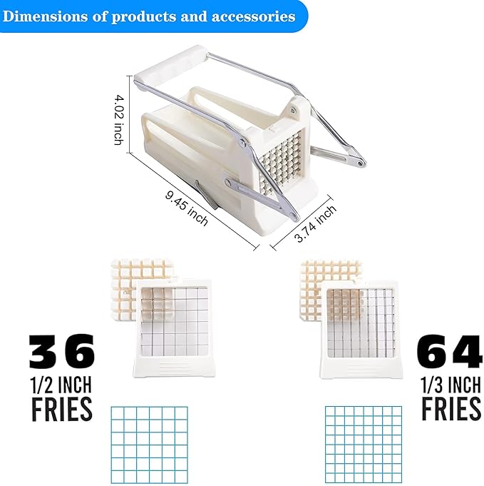 French Fry Cutter, Potato Slicer French Fries with 2 Different Sizes Stainless Steel Blades and No-Slip Suction Base for Potatoes Carrots Cucumbers