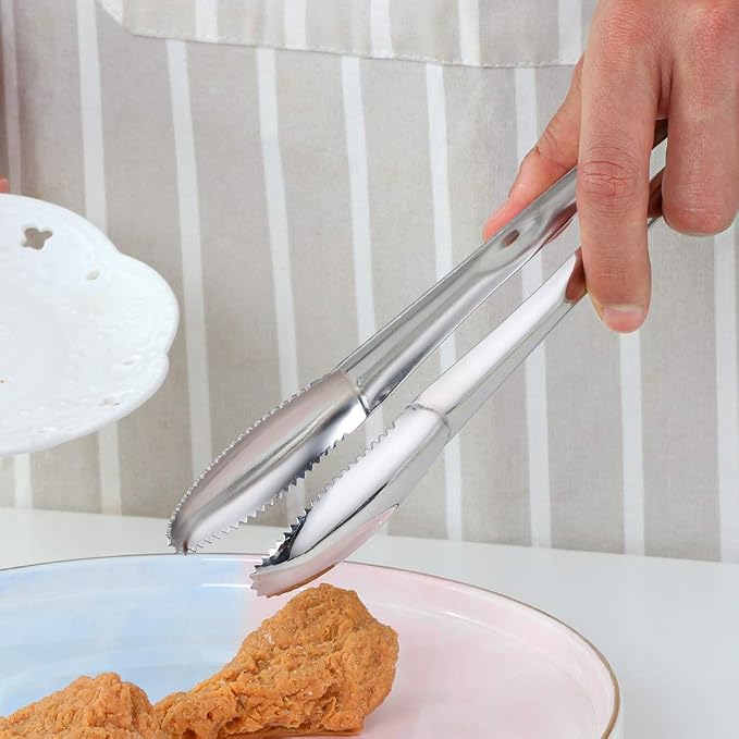 Stainless Steel Cooking Tongs for Frying, 9 Inches Serving Tongs Appetizers Charcuterie with Teeth for Parties, Food Tongs Kitchen Tongs for Nonstick Cookware, Set of 2 (Silver)