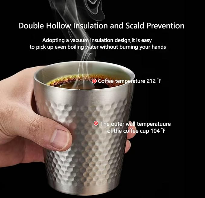 Stainless Steel Espresso Cup-1pcs Set Double Wall Insulated Metal Demitasse Cups 6 oz (175ml) Drinking Coffee Drinking Beverages Diamond Pattern Anti-Slip&Scalding