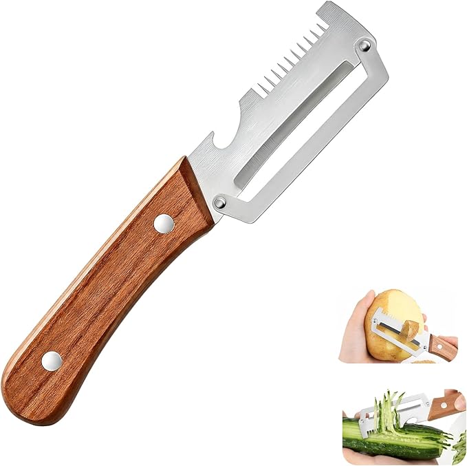 Multi-Functional Kitchen Peeler, 3 in 1 Premium Vegetable Peeler with Wooden Handle and Bottle Opener,Kitchen Gadgets Tool for Fruit Pumpkin Peeling Potato Carrot Veggie Peeler