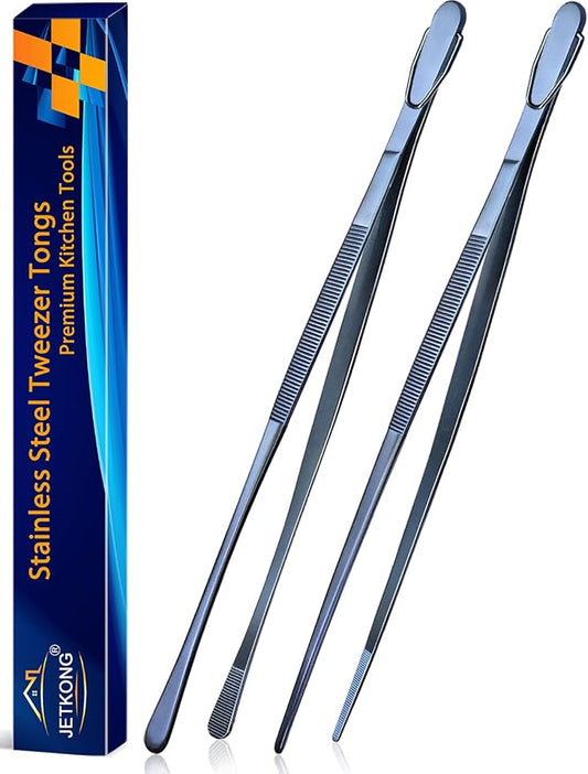 JETKONG 2 Pcs 14-Inch Cooking Tweezer Tongs Extra- Long Stainless Steel Kitchen Tweezers Plating Tongs (Navy Blue)