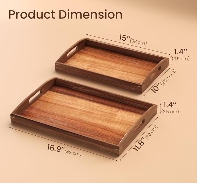 Acacia Wood Set of 2 Serving Tray with Handles,Large & Small Food Serving Trays for Coffee Table, Kitchen Counter, Breakfast, Party, Decorative Trays for Eating, Ottoman, Bathroom