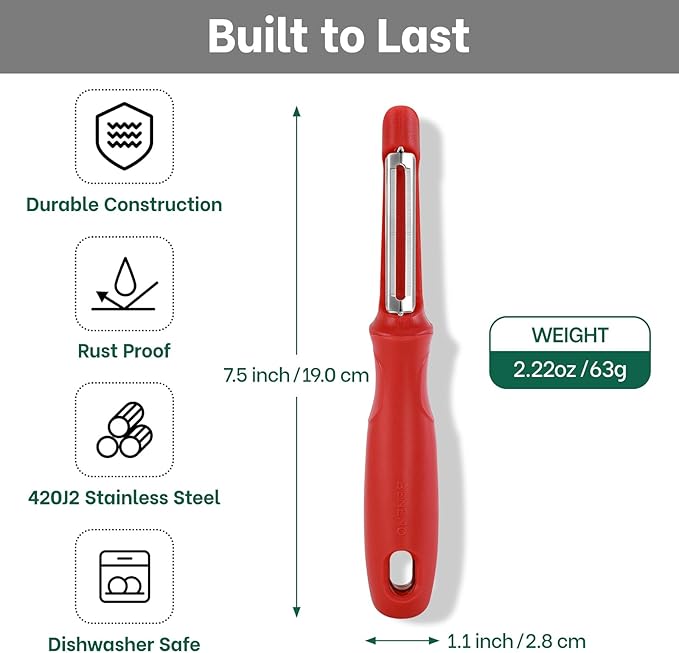 Beneno Swivel Vegetable Peeler, Razor-Sharp Smooth Peeling Potato Peelers with Stainless Steel Blades, Ergonomic Comfort Non-Slip Rubber Handle, Kitchen Peelers with Potato Eye Remover (2, Red)