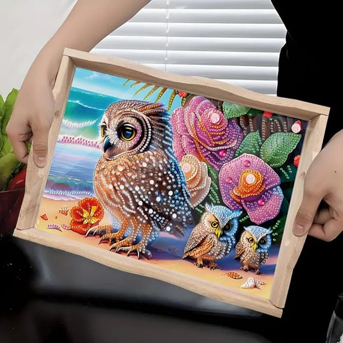 DIY Diamond Serving Tray Rectangular Breakfast Tray with Handle Handmade Diamond Art Painting Wooden Tray for Dinner Plate Coffee Room Living Home Organizer-Owl03