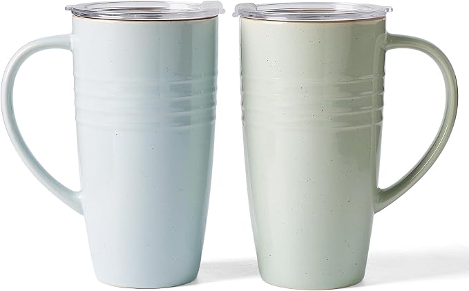famiware Jupiter Large Coffee Mug, 20oz Coffee Mug with Lid, Ceramic Mugs Set of 2, Cup Set with Handle for Latte, Tea, Cocoa, Milk, Microwave and Dishwasher Safe, Light Blue and Light Green