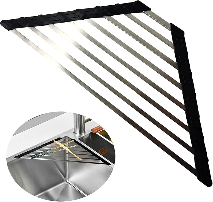 Ahyuan Corner Sink Dish Drainer over the Sink Dish Drying Rack Corner Dish Rack SUS304 Cubic Stainless Still Kitchen Sponge Holder Corner Sink Sponge Caddy Dish Rack (Black)