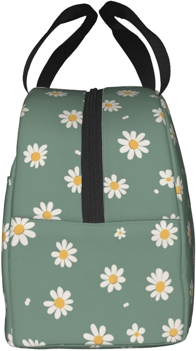 Lunch Bag Daisy Flower Green Insulated Lunch Box Reusable Cooler Tote for Adults Student Girl Boy Work Office School Picnic Over 3 Years Old