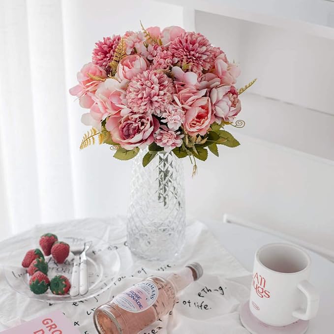 KIRIFLY Artificial Fake Flowers Silk Peony Flower Arrangements Wedding Bouquets Decorations Plastic Floral Table Centerpieces Home Kitchen Garden Party Décor (Blush)