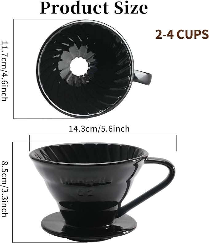 Mongdio Ceramic Pour Over Coffee Dripper, Reusable Porcelain Portable Pour Over Coffee Maker, Slow Brewing Accessories with 1 Holes for Home - Size 02 Black