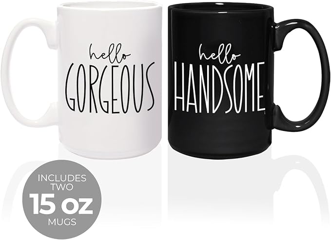 Hello Handsome Hello Gorgeous Mugs / 2 Jumbo 15 Ounce Black And White Matching Husband Wife Ceramic Mugs / Newlywed Couples Wedding Coffee Cup Present Set / Relationship Anniversary Cup Pair