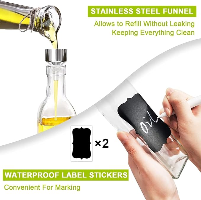 Showvigor Olive Oil Dispenser Bottle, Vinegar Cruet Bottle 17oz/500 ml, Square Tall Glass Oil Container with 2 Stainless Steel Pourers, 4 Labels,1 Brush and 1 Funnel Oil Bottles for Kitchen(2 Set)