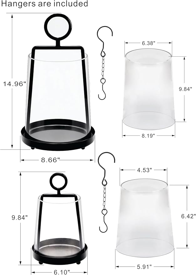 9" & 6" Wide Modern Farmhouse Metal Hurricane Candle Holder with Handmade Sturdy Glass Sleeve in Black for Pillar Candle & Plants, Glass Hurricane Lantern, Industrial, Minimalistic