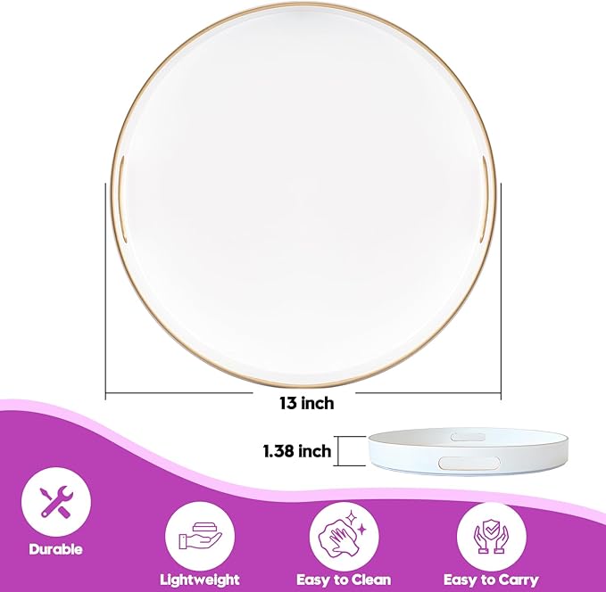Gifturbo White Round Serving Tray,Decorative Serving Trays with Handles, Coffee Table Tray Ottoman Round Plastic Trays for Living Room, Bathroom