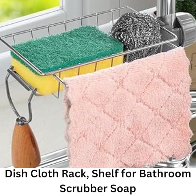 Sponge Holder Over Faucet Kitchen Sink Caddy Organizer, Stainless Steel Hanging Faucet Drain Rack for Soap, Scrubbers & Sponges, Rustproof Chrome Sink Organizer