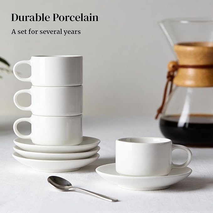 DOWAN 2.5 Ounce Porcelain Stackable Espresso Cups with Saucers Set of 4, White Espresso Cups for Home, Office and Cafe Use
