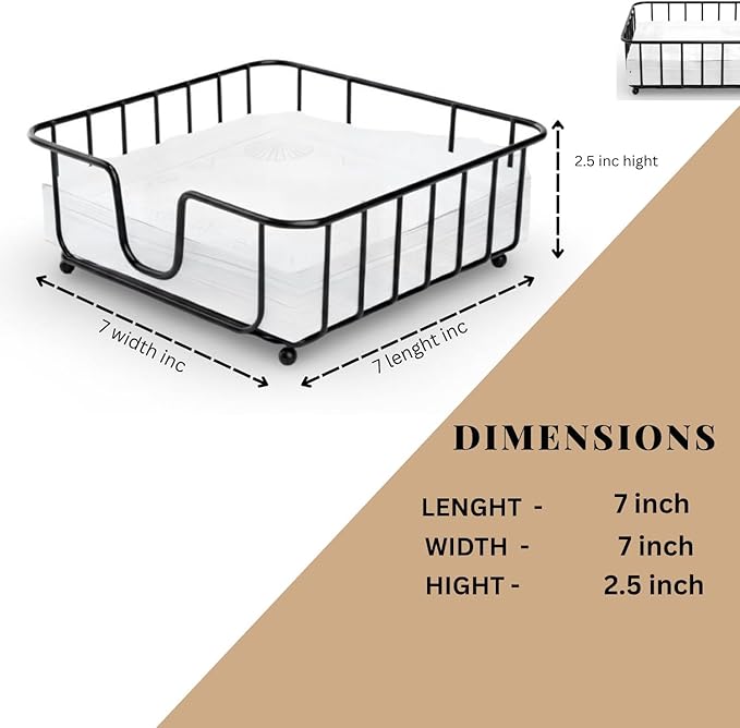 Flat Napkin Holder for Table Countertop, Modern Decorative Metal Square Paper Napkin Organizer Dispenser with Weighted Arm for Kitchen Dining Table Cocktail Restaurant - Black, (7x7x2.5)