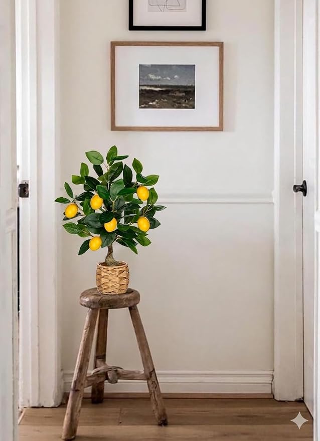 Oairse Artificial Potted Plants 17.3 inches Small Fake Lemon Tree Artificial Lemons Citrus Tree with Woven Pot Faux Plants Indoor Lemon Decorations for Home,Office, Living Room Table, Desk