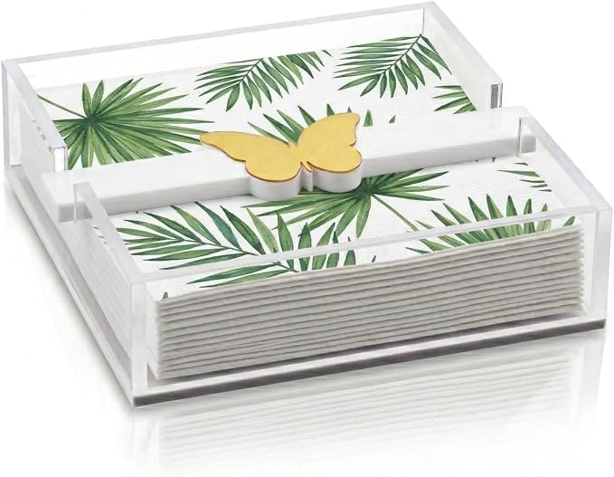 Butterfly Napkin Holder, Single Piece, Clear White Acrylic Square Paper Dispenser for Kitchen Countertop Dining Table Serving Tray, Modern Home Decor Organizer Gift Parties and Everyday Use