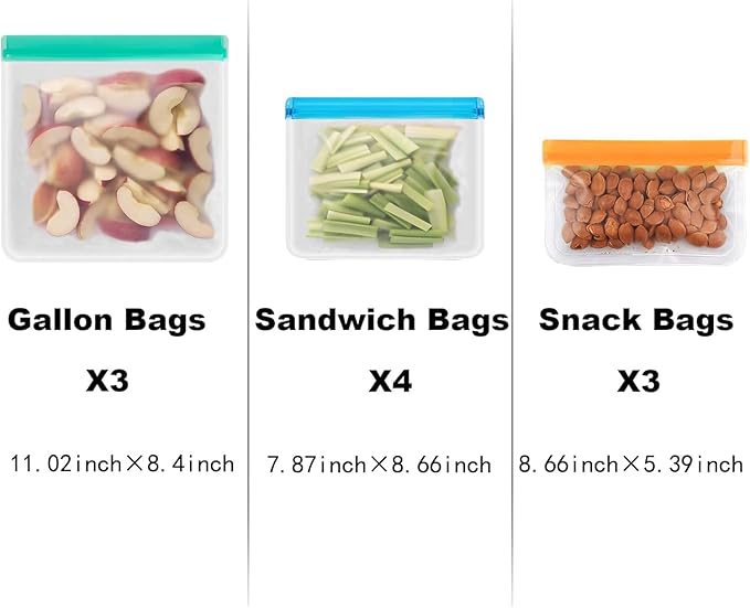 10Pack Reusable Freezer Bags, Leakproof Silicone Food Storage Bags, Dishwasher Safe Bpa Free Reusable Bags For Lunch Marinate & Travel - 3 Gallon, 4 Sandwich, 3 Snack Sizes